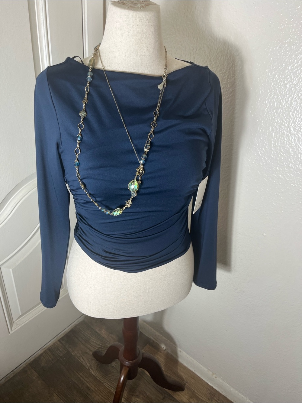gaze Navy Long Sleeve Ruched Boatneck Top with Side Draping
